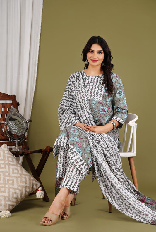 Neelima Floral Printed Cotton Kurta Pant Dupatta Set