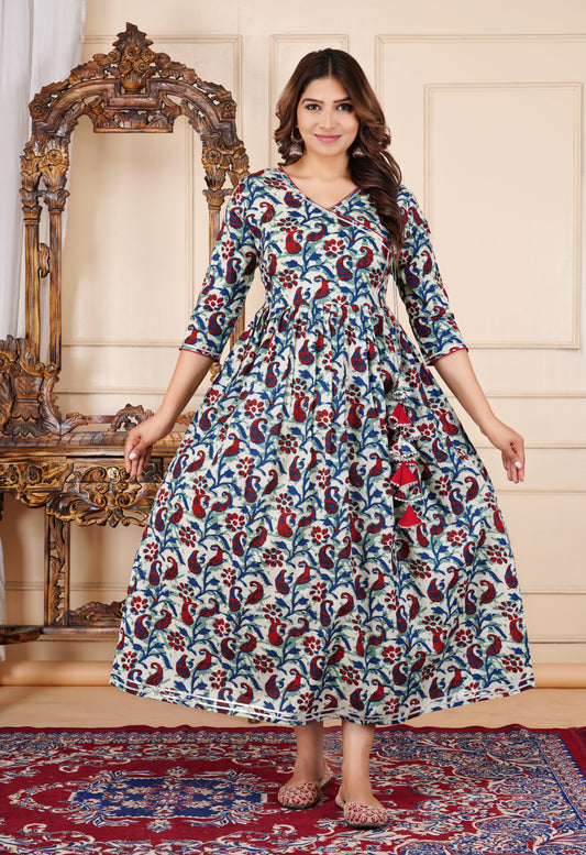 Noor-e-Morpankh Printed Cotton Rajwadi Angrakha Long Ethnic Dress