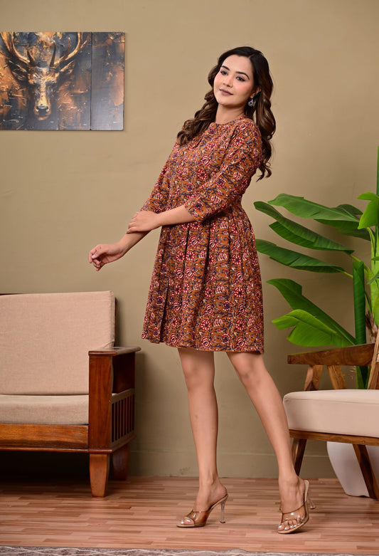 Elara Desert Rose Cotton Printed Floral Fit & Flare Dress