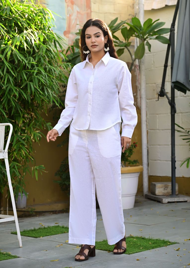 Women’s White Cotton Co-Ord Set with Wide Leg Trousers