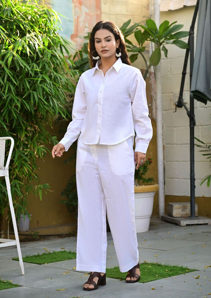 Women’s White Cotton Co-Ord Set with Wide Leg Trousers