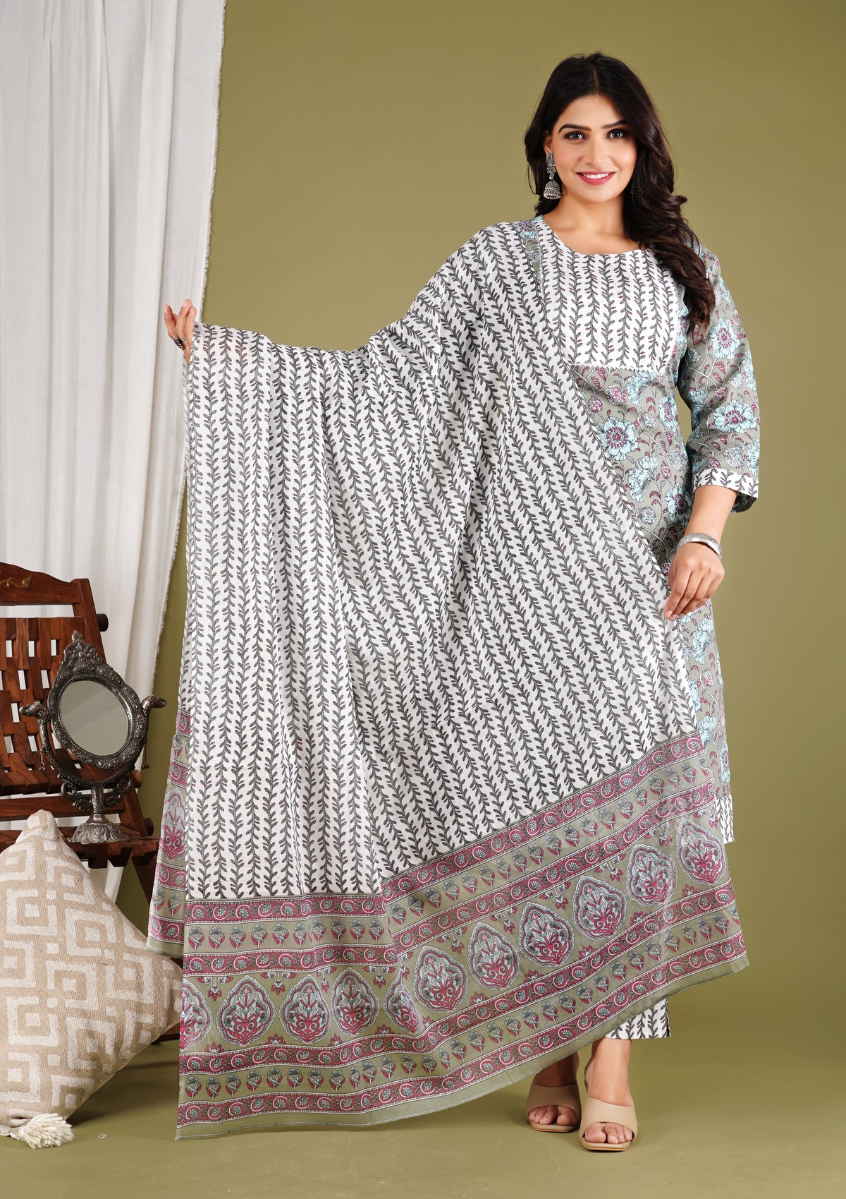 Neelima Floral Printed Cotton Kurta Pant Dupatta Set