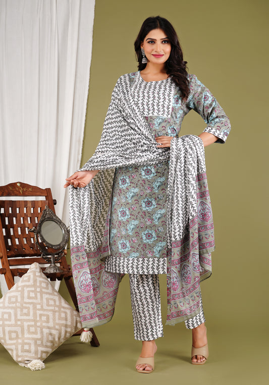 Neelima Floral Printed Cotton Kurta Pant Dupatta Set