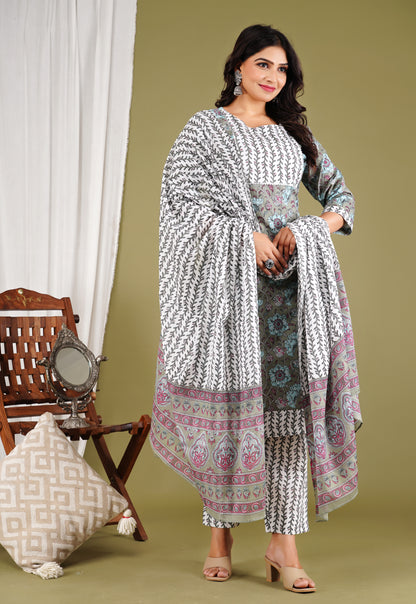 Neelima Floral Printed Cotton Kurta Pant Dupatta Set