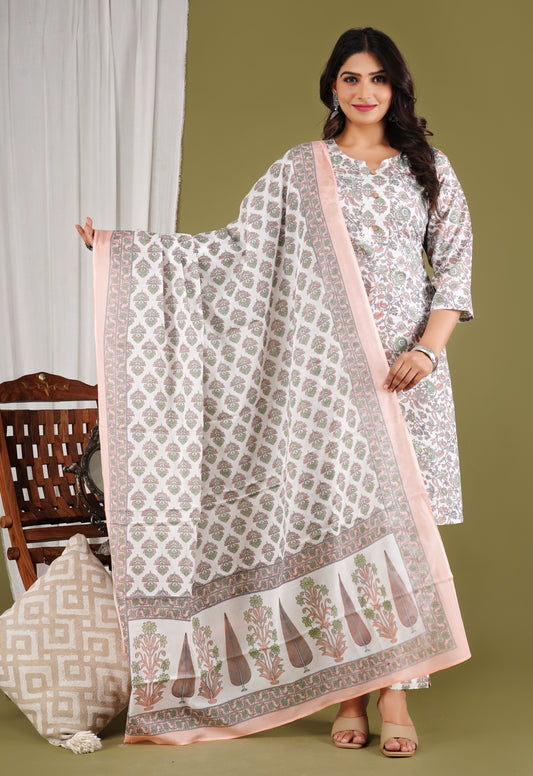 Gulnaar Grace Printed Cotton Kurta Set With Dupatta