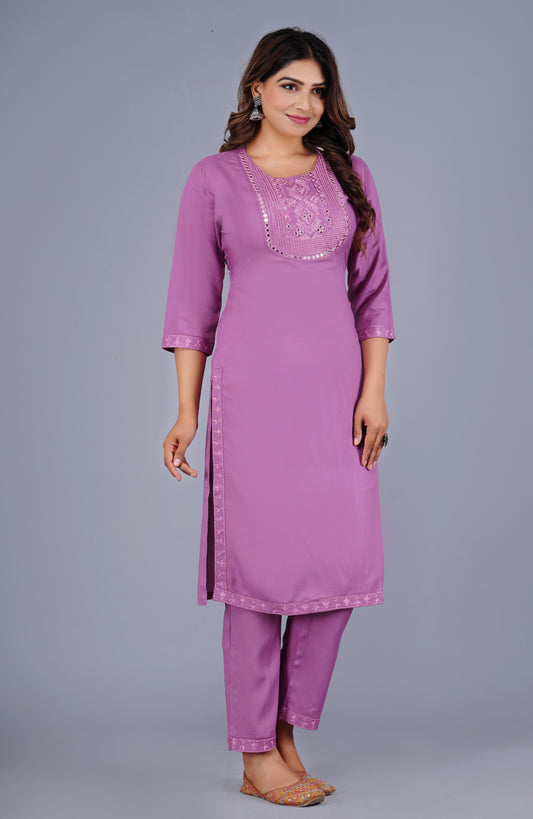 Suhani Gulnaar Lilac Classic Embroidered Mirror-Work Kurta Pant Set