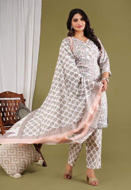 Gulnaar Grace Printed Cotton Kurta Set With Dupatta
