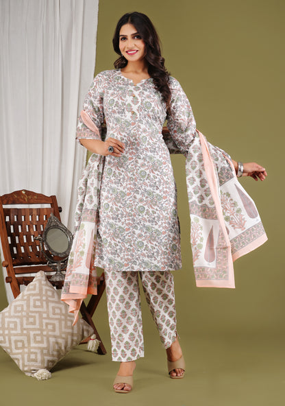 Gulnaar Grace Printed Cotton Kurta Set With Dupatta