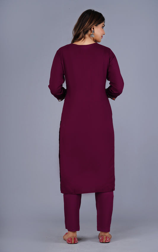 Esha Classic Wine Elegance Traditional Embroidered Kurta Pant Set