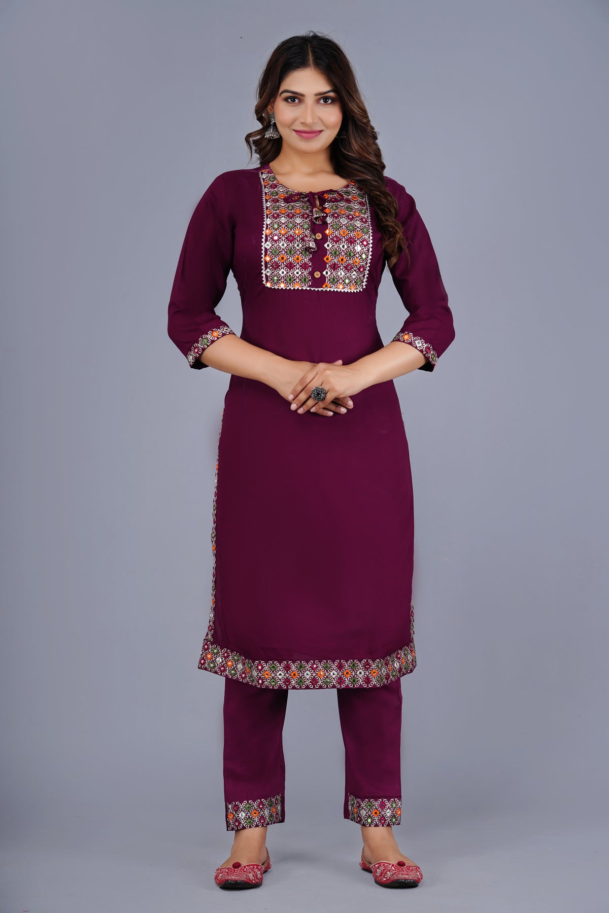 Esha Classic Wine Elegance Traditional Embroidered Kurta Pant Set