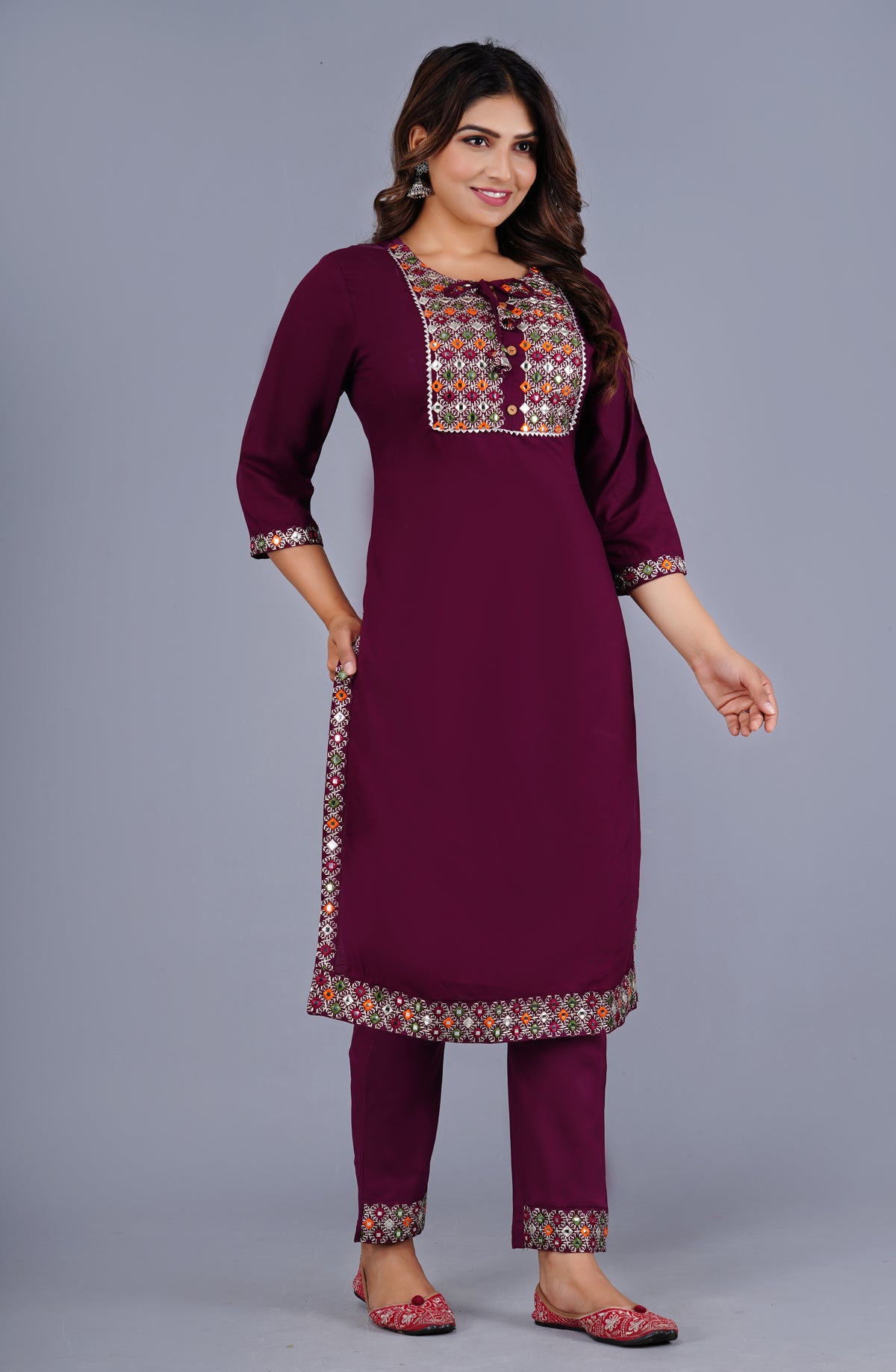 Esha Classic Wine Elegance Traditional Embroidered Kurta Pant Set