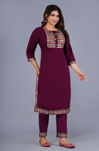 Esha Classic Wine Elegance Traditional Embroidered Kurta Pant Set