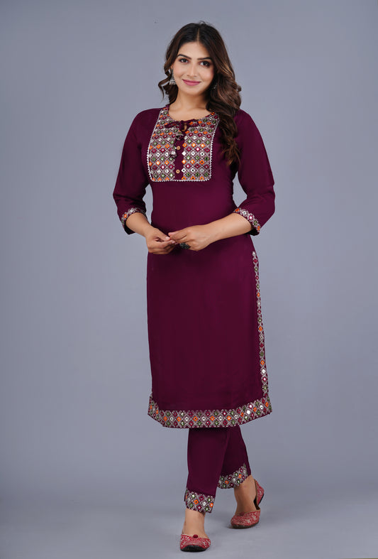 Esha Classic Wine Elegance Traditional Embroidered Kurta Pant Set