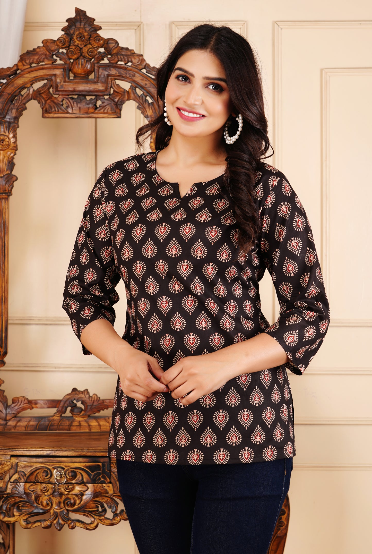 Midnight Ethnic Ajrakh Straight Printed Cotton Kurti