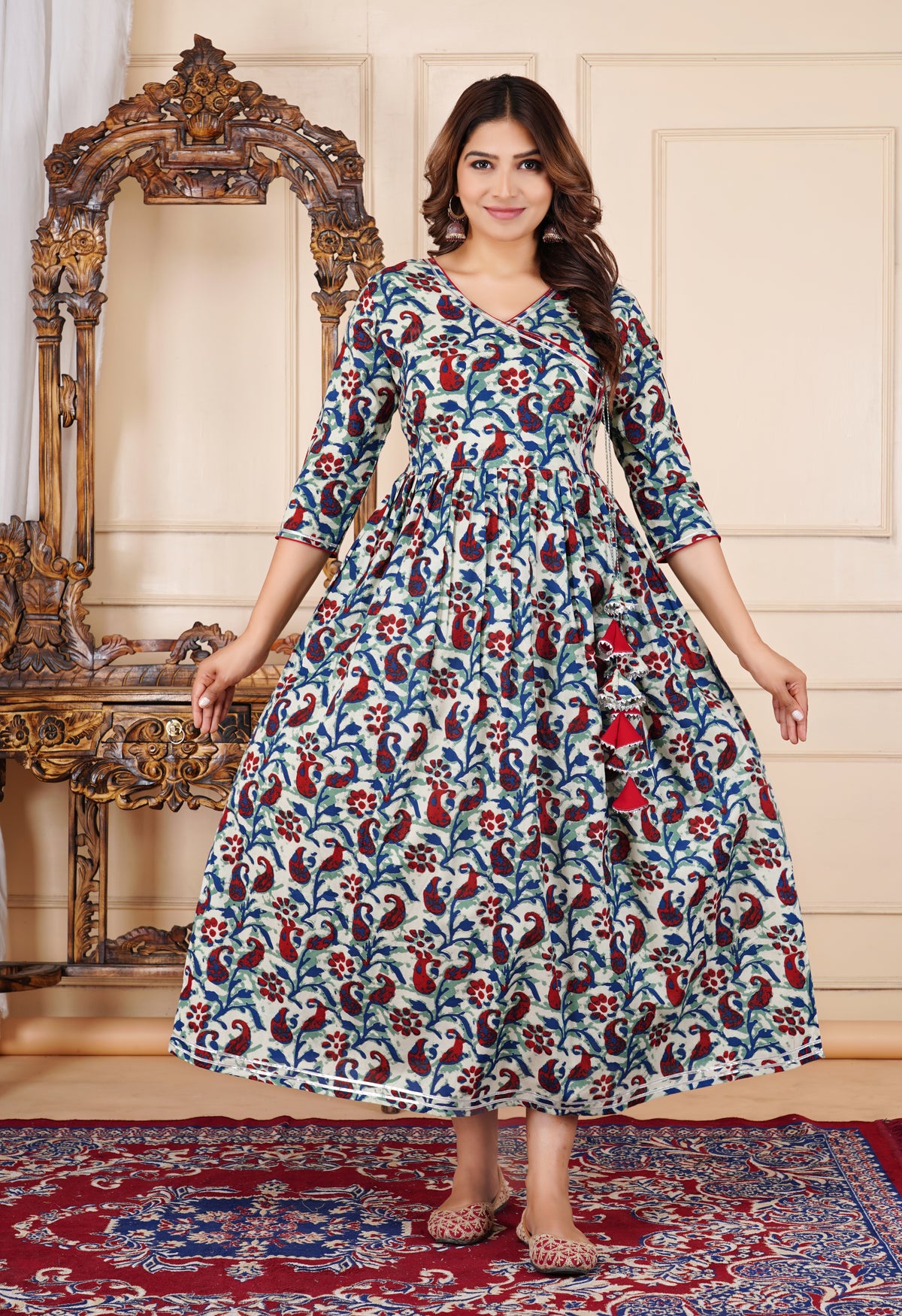 Noor-e-Morpankh Printed Cotton Rajwadi Angrakha Long Ethnic Dress