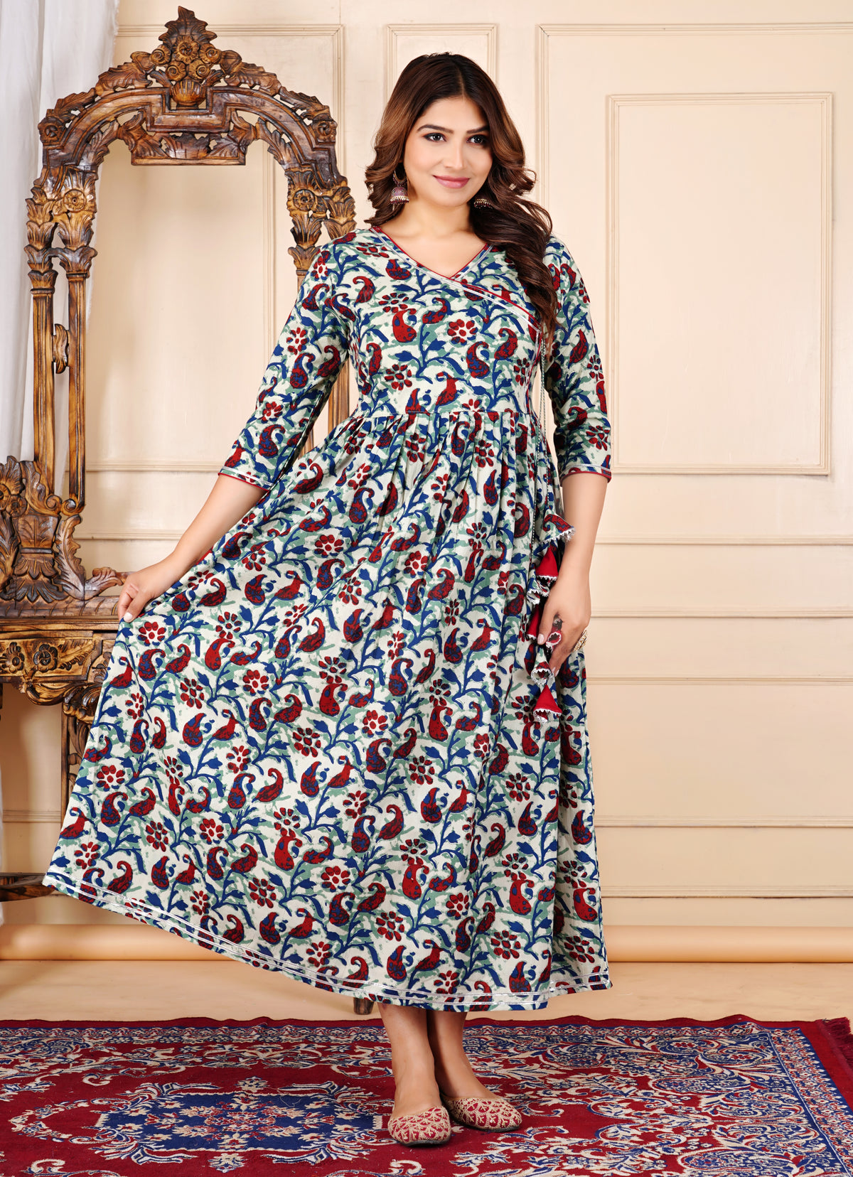 Noor-e-Morpankh Printed Cotton Rajwadi Angrakha Long Ethnic Dress