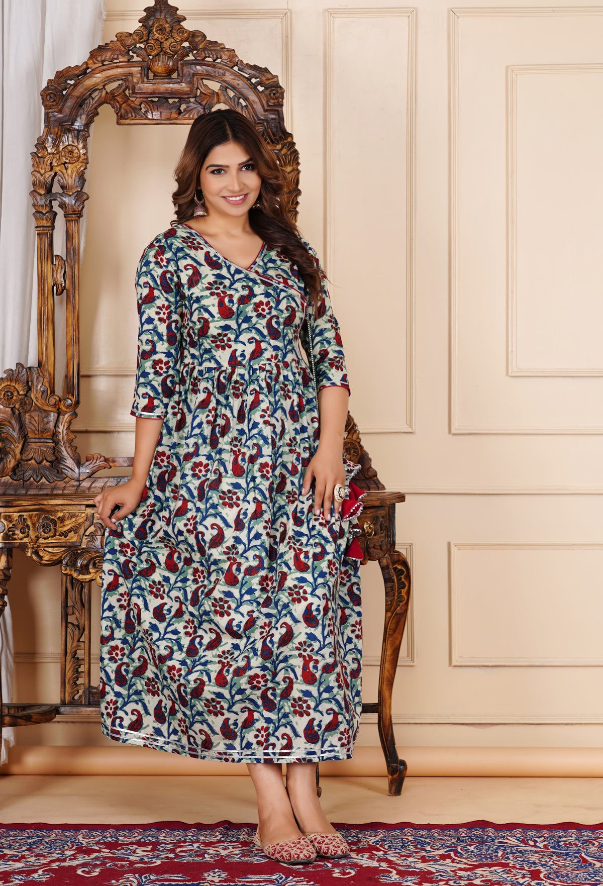 Noor-e-Morpankh Printed Cotton Rajwadi Angrakha Long Ethnic Dress