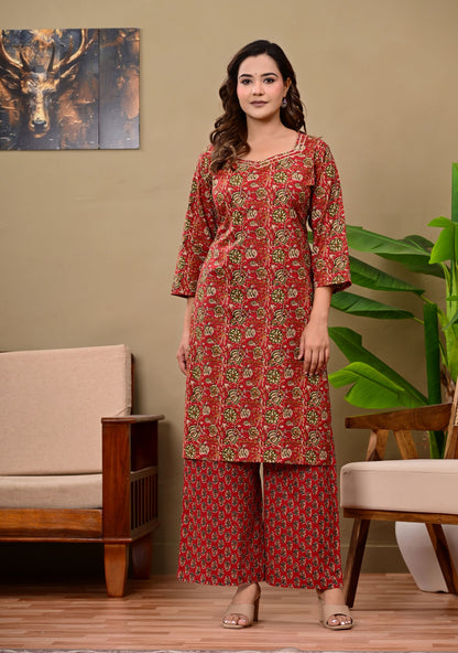 Noor-e-Red Ethnic Wear Cotton Printed Kurta Palazzo Set