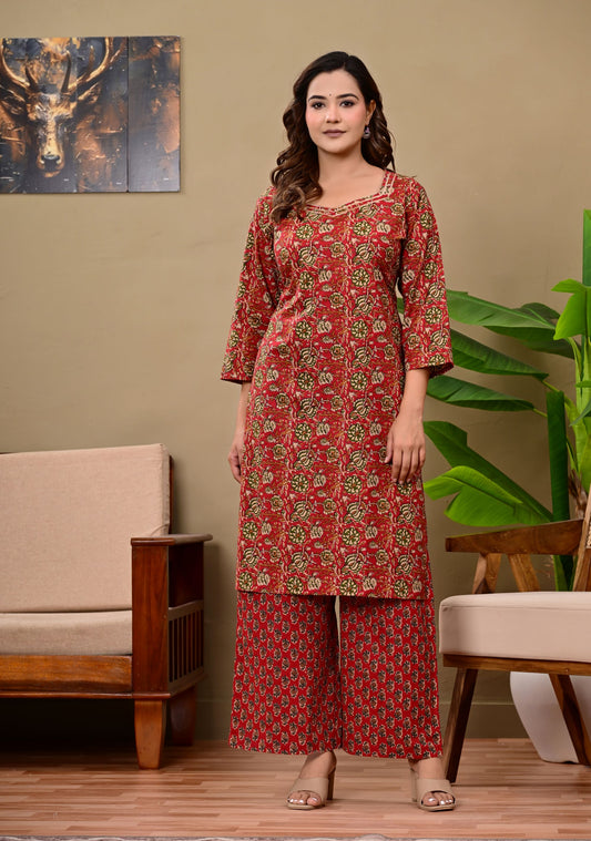 Noor-e-Red Ethnic Wear Cotton Printed Kurta Palazzo Set