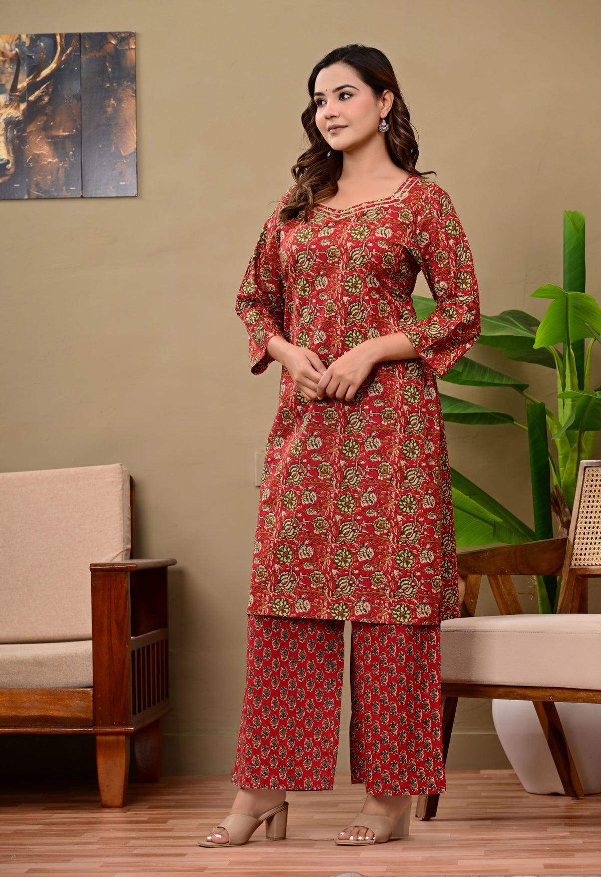 Noor-e-Red Ethnic Wear Cotton Printed Kurta Palazzo Set