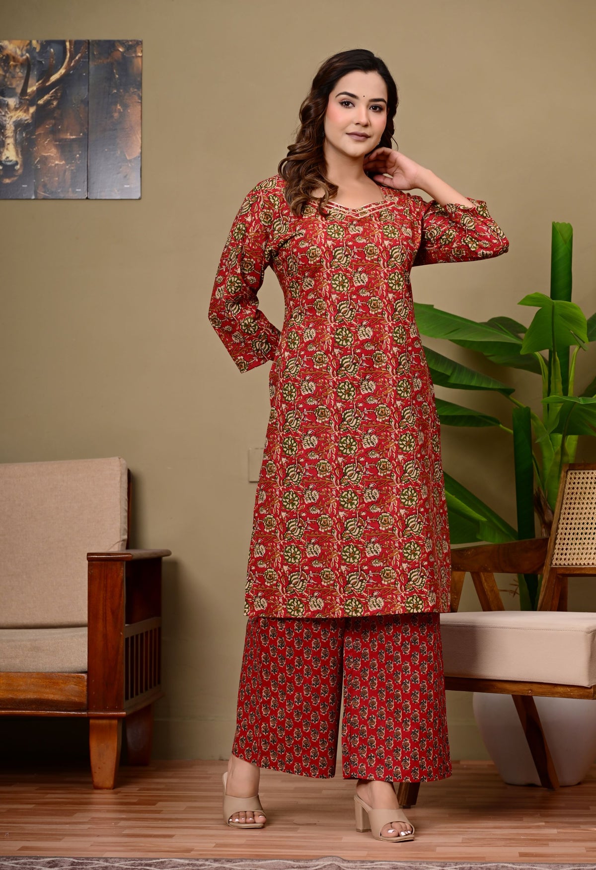Noor-e-Red Ethnic Wear Cotton Printed Kurta Palazzo Set