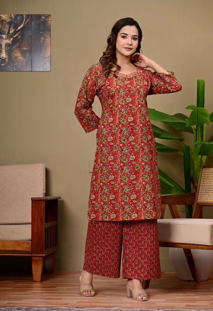Noor-e-Red Ethnic Wear Cotton Printed Kurta Palazzo Set