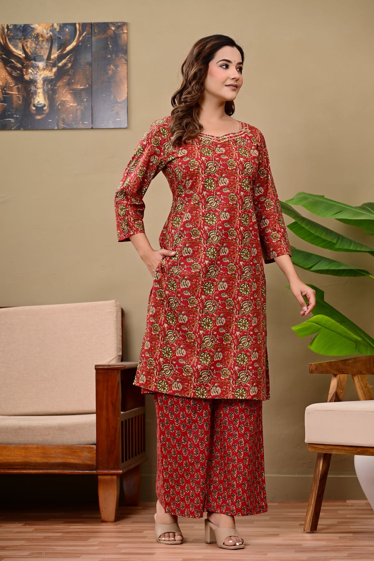Noor-e-Red Ethnic Wear Cotton Printed Kurta Palazzo Set