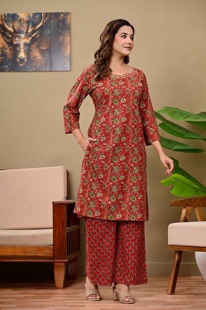 Noor-e-Red Ethnic Wear Cotton Printed Kurta Palazzo Set