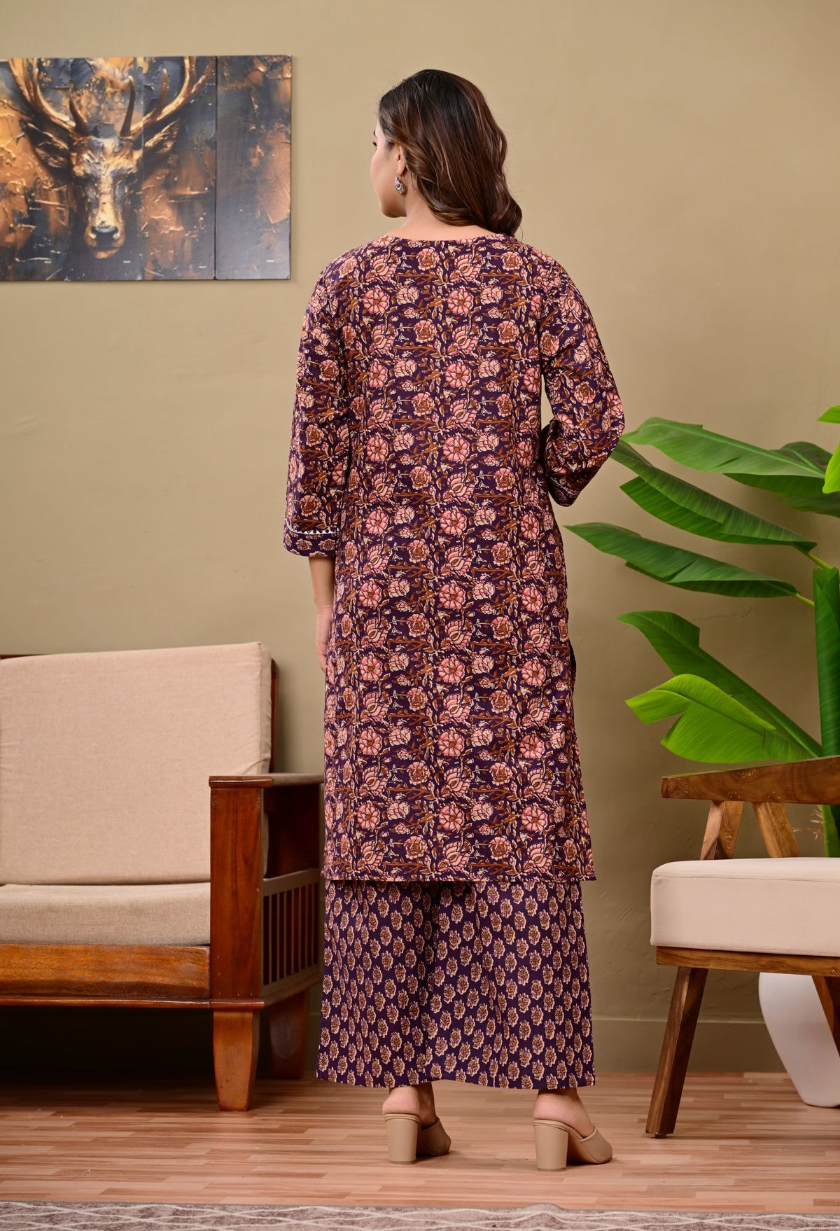 Noor Luxe Midnight Blossom Cotton Printed Kurta Palazzo Set