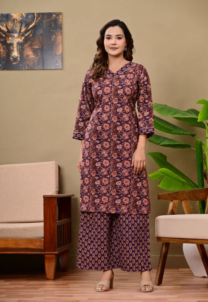 Noor Luxe Midnight Blossom Cotton Printed Kurta Palazzo Set