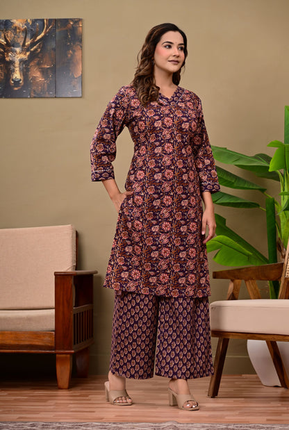 Noor Luxe Midnight Blossom Cotton Printed Kurta Palazzo Set