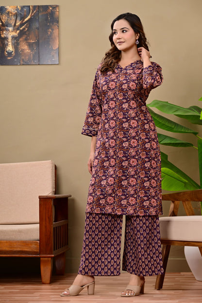 Noor Luxe Midnight Blossom Cotton Printed Kurta Palazzo Set