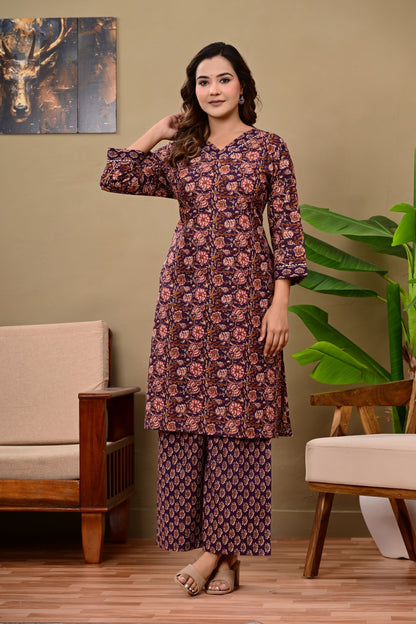 Noor Luxe Midnight Blossom Cotton Printed Kurta Palazzo Set
