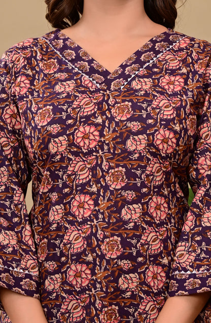 Noor Luxe Midnight Blossom Cotton Printed Kurta Palazzo Set
