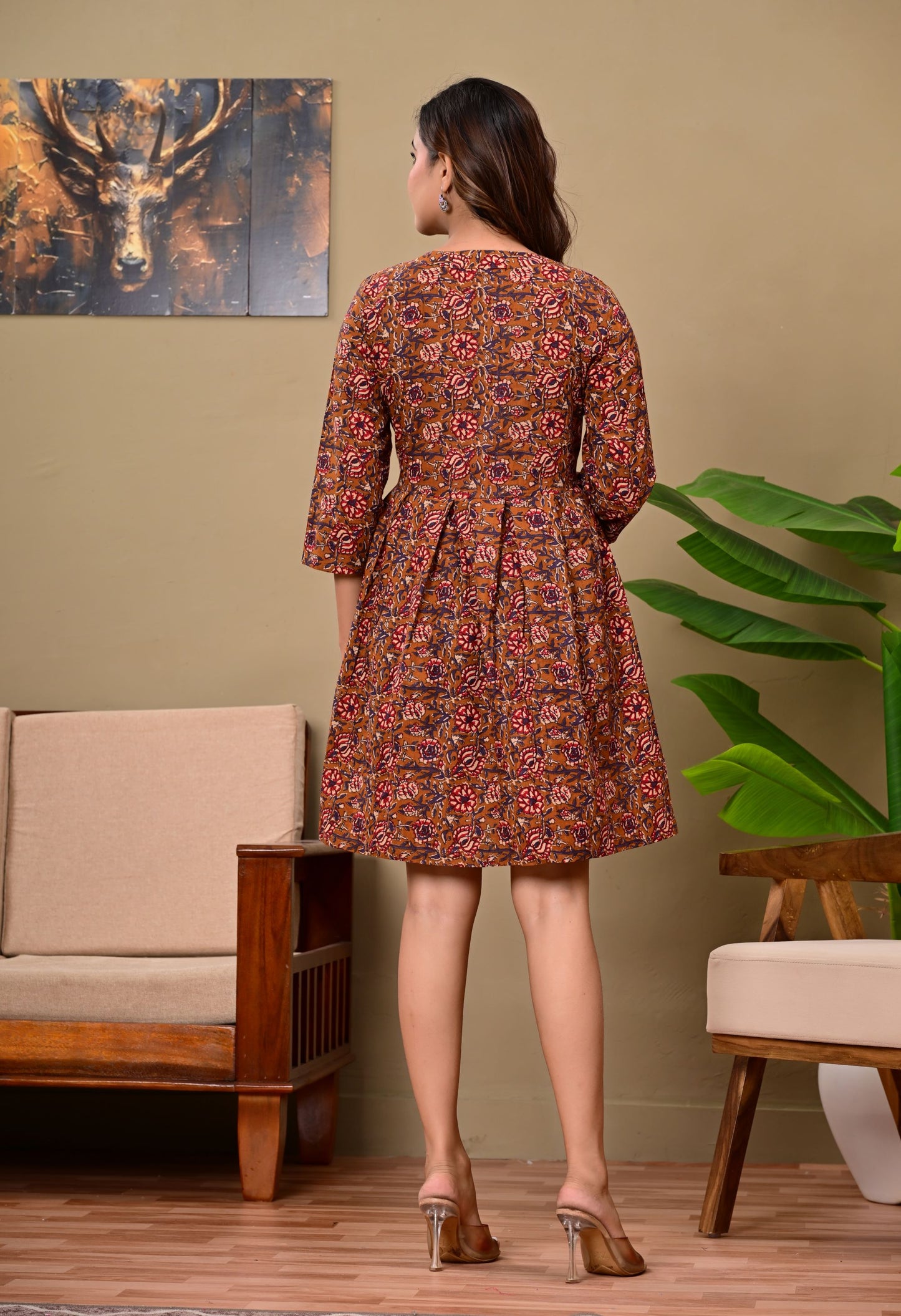 Elara Desert Rose Cotton Printed Floral Fit & Flare Dress