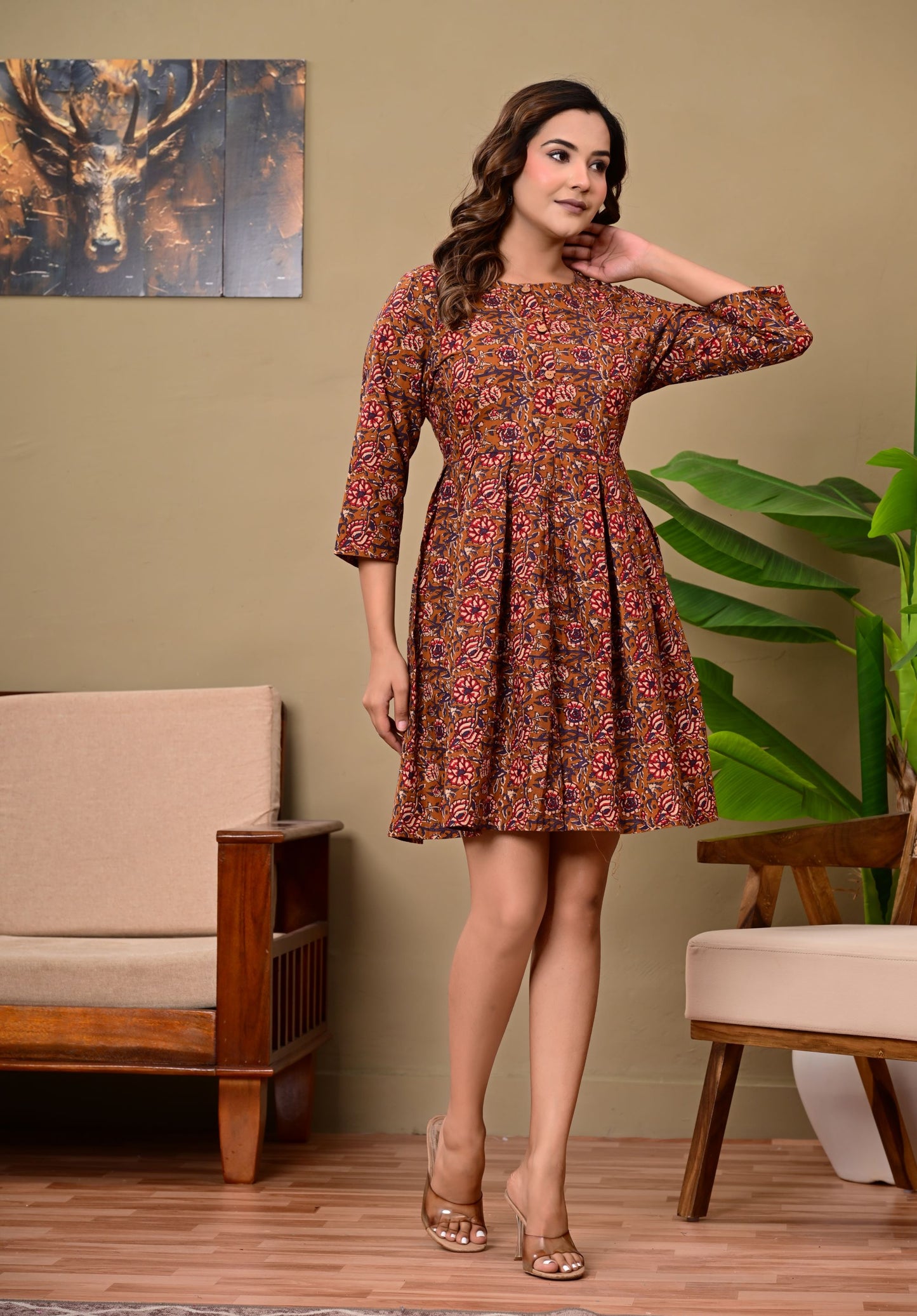 Elara Desert Rose Cotton Printed Floral Fit & Flare Dress