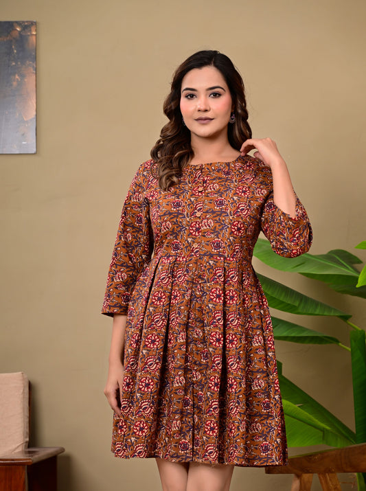 Elara Desert Rose Cotton Printed Floral Fit & Flare Dress