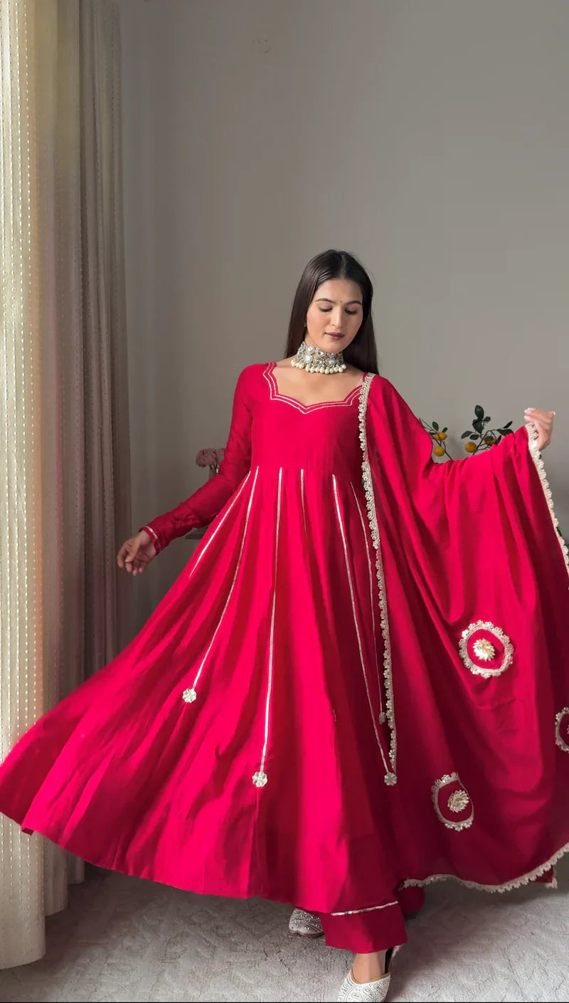 Rose Pink Shimmer Silk Anarkali Gown with Full Flare Palazzo