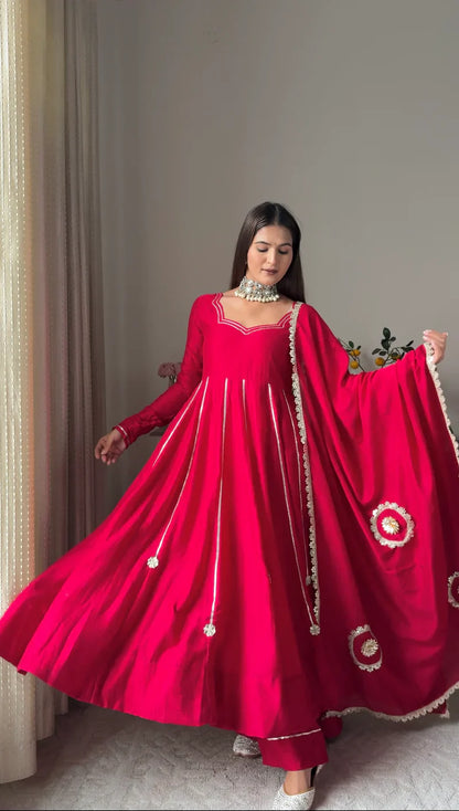 Rose Pink Shimmer Silk Anarkali Gown with Full Flare Palazzo