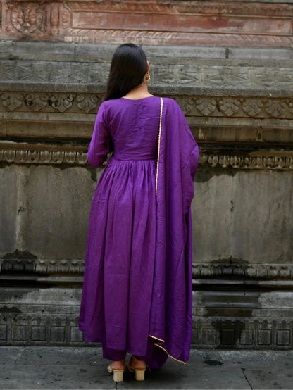 Solid Purple Cotton Anarkali Kurta Pant Dupatta Set