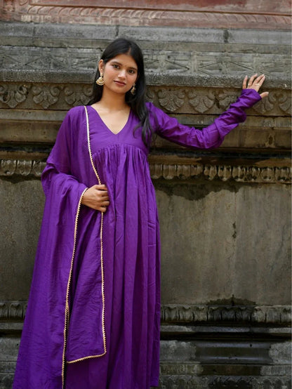 Solid Purple Cotton Anarkali Kurta Pant Dupatta Set