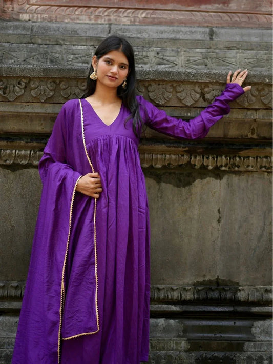Solid Purple Cotton Anarkali Kurta Pant Dupatta Set