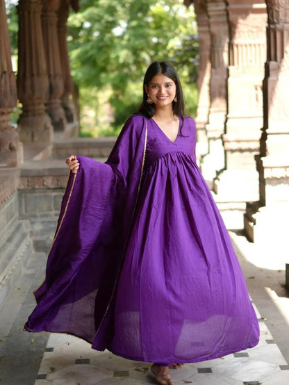 Solid Purple Cotton Anarkali Kurta Pant Dupatta Set