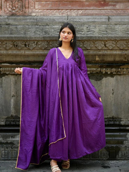 Solid Purple Cotton Anarkali Kurta Pant Dupatta Set