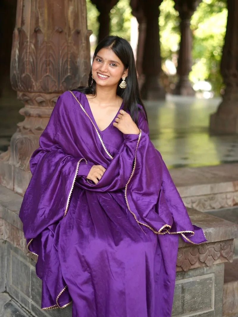 Solid Purple Cotton Anarkali Kurta Pant Dupatta Set