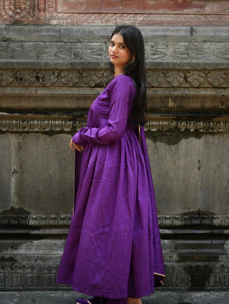 Solid Purple Cotton Anarkali Kurta Pant Dupatta Set