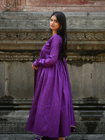 Solid Purple Cotton Anarkali Kurta Pant Dupatta Set