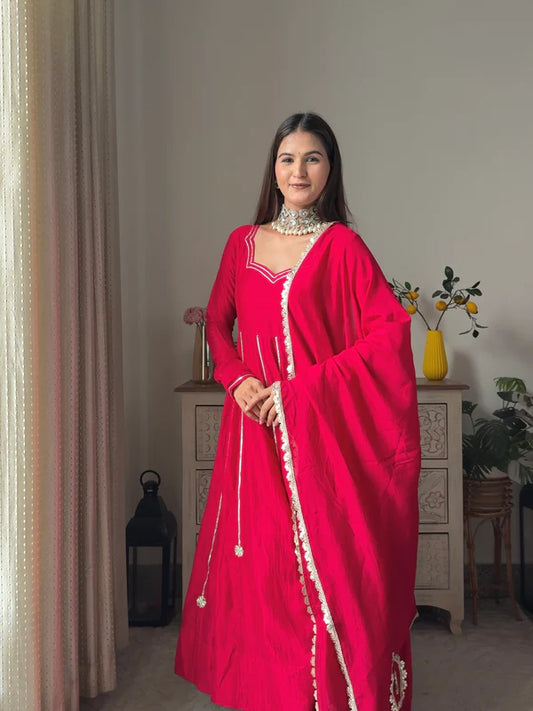 Rose Pink Shimmer Silk Anarkali Gown with Full Flare Palazzo