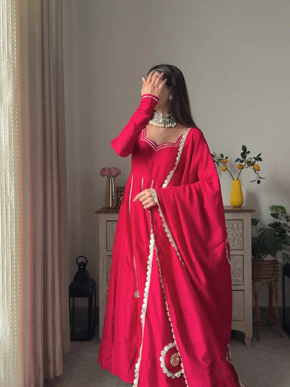 Rose Pink Shimmer Silk Anarkali Gown with Full Flare Palazzo